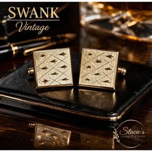 SWANK Gold Tone Cufflinks Vintage Geometric Engraved Square Mens